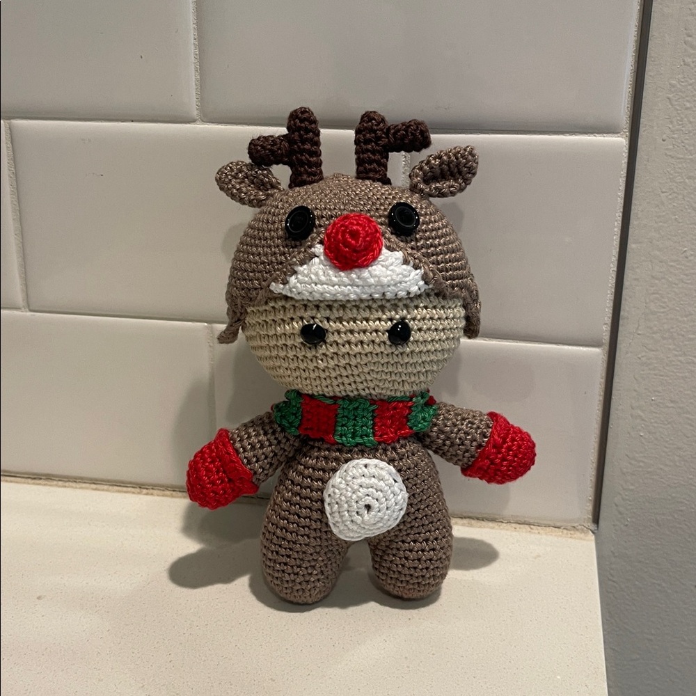 Handcrafted Doll in Reindeer Suit Christmas Holiday Decor Seasonal Crochet